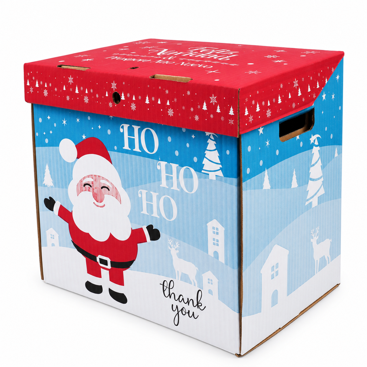 Caja Navideña de Cartón con Tapa y Asas Hohoho