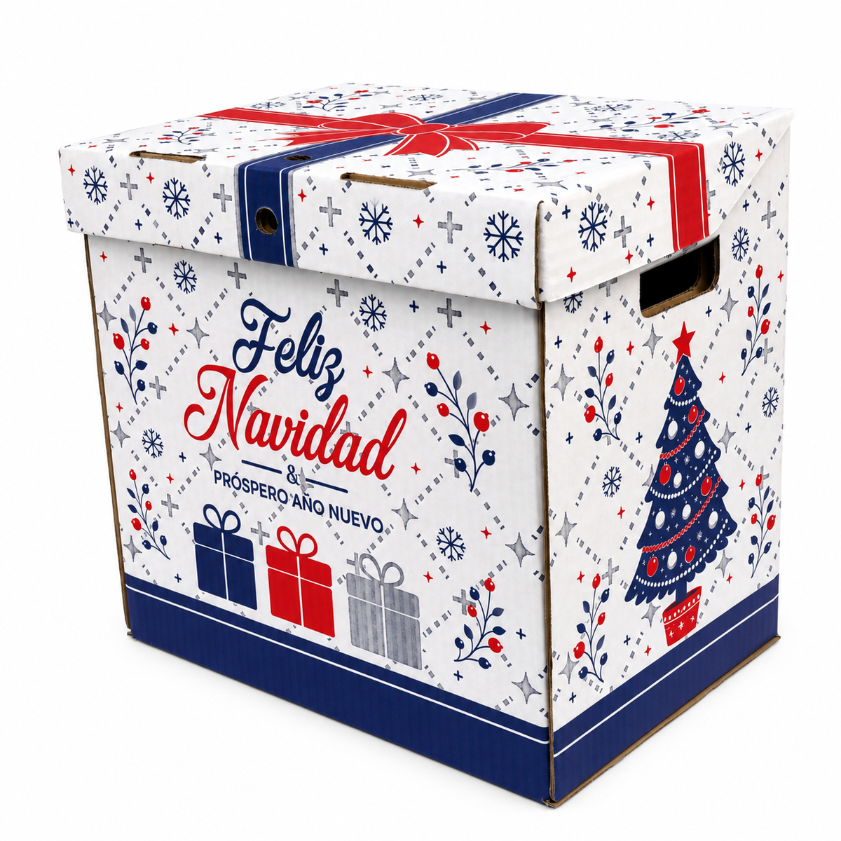 Caja Navideña de Cartón con Tapa y Asas azul