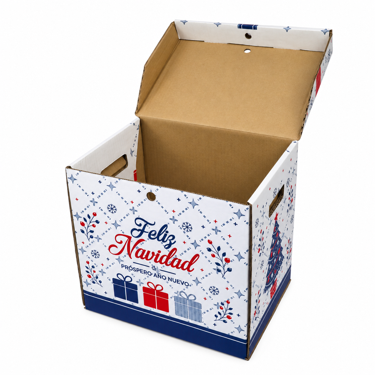 Caja Navideña de Cartón con Tapa y Asas azul